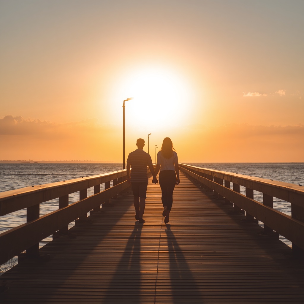 A couple walking hand in hand on a sunset-lit pier with golden sky and calm ocean water